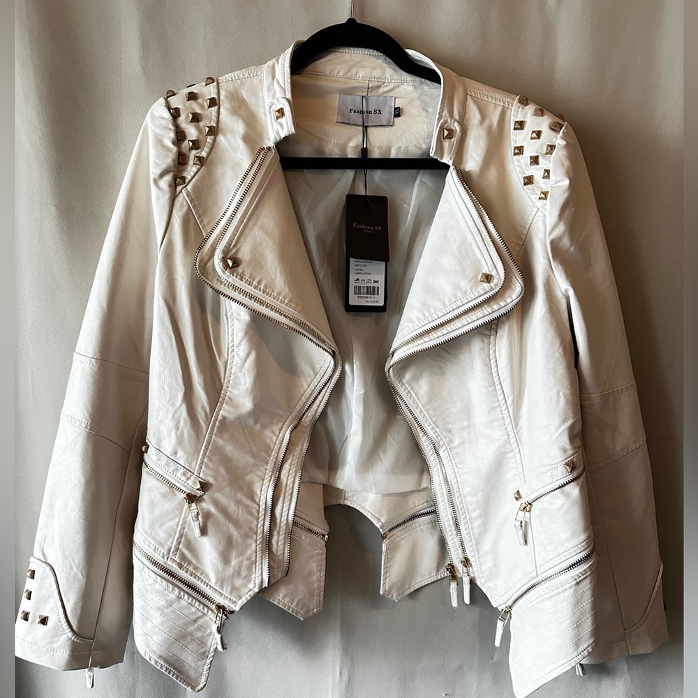 Women's Fashion Studded Perfectly Shaping Faux Leather Biker Jacket